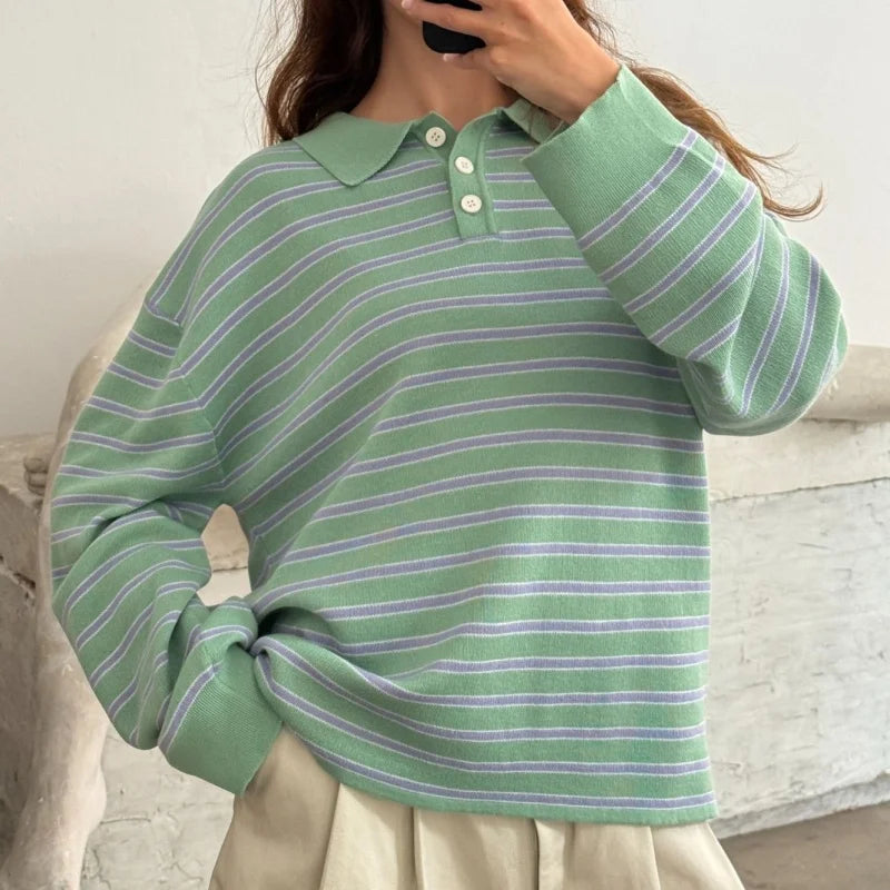 y2k Vintage Rib Knitted Striped Collared Sweater Loose Long Sleeve Pullover Knit Tops Casual Sweatirt Clothes