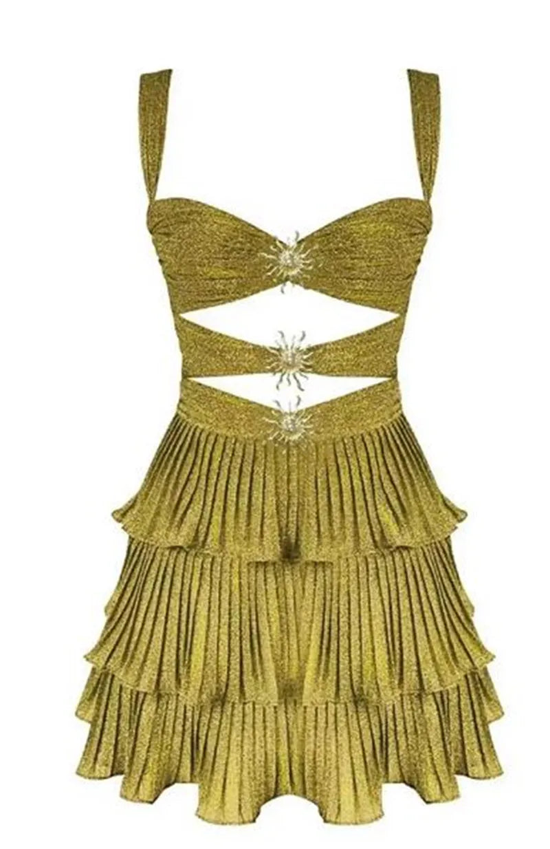 hirigin Sequin Starfish Mini Dress Spaghetti Strap Cut Out Layered Ruffle Dress Sparkly Y2k Short Cami Dress Party