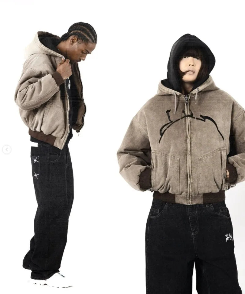 Y2K American High Street Washing Zipper Hooded Sweater Retro Harajuku Loose Hooded Top Clothing