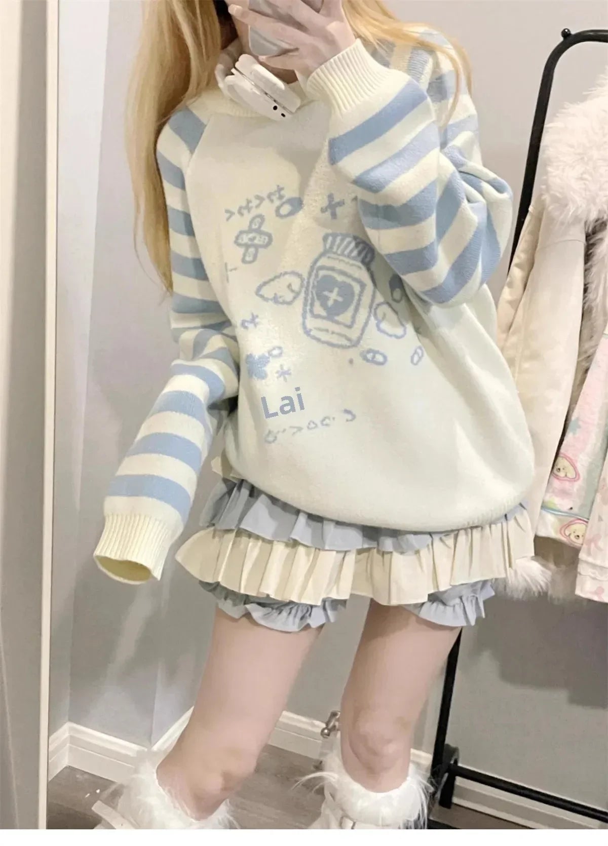 Striped Zipper Y2k Subcultural Long Sleeve Sweater Round Neck Preppy Style Sweet Loose Kawaii Knitted Top