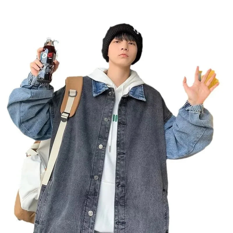 Retro Denim Jacket Design Patchwork Color Block Collar Stand up Loose Fit Casual Trendy Top