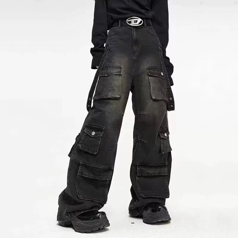 Y2K High Street Jeanss Multi-Pocket Hiphop Cargo Pants Vintage Straight Wide-Leg Denim Trousers Streetwear