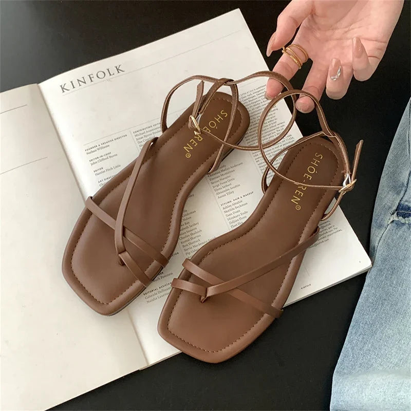 Gladiator Sandals Elegant Narrow Band Clip Toe Shoes Ladies Comfort Flats Beach Sandalias