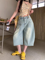 Vintage Style Harajuku Blue Jeans Y2K Punk Street Baggy Denim Trouser Casual Mop Calf Length Pants