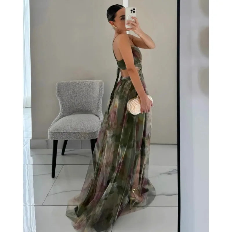Hollow Out Party Dress, Loungewear Printing Maxi Dress, Sleeveless Lace-Up Ladies Dress Vestido