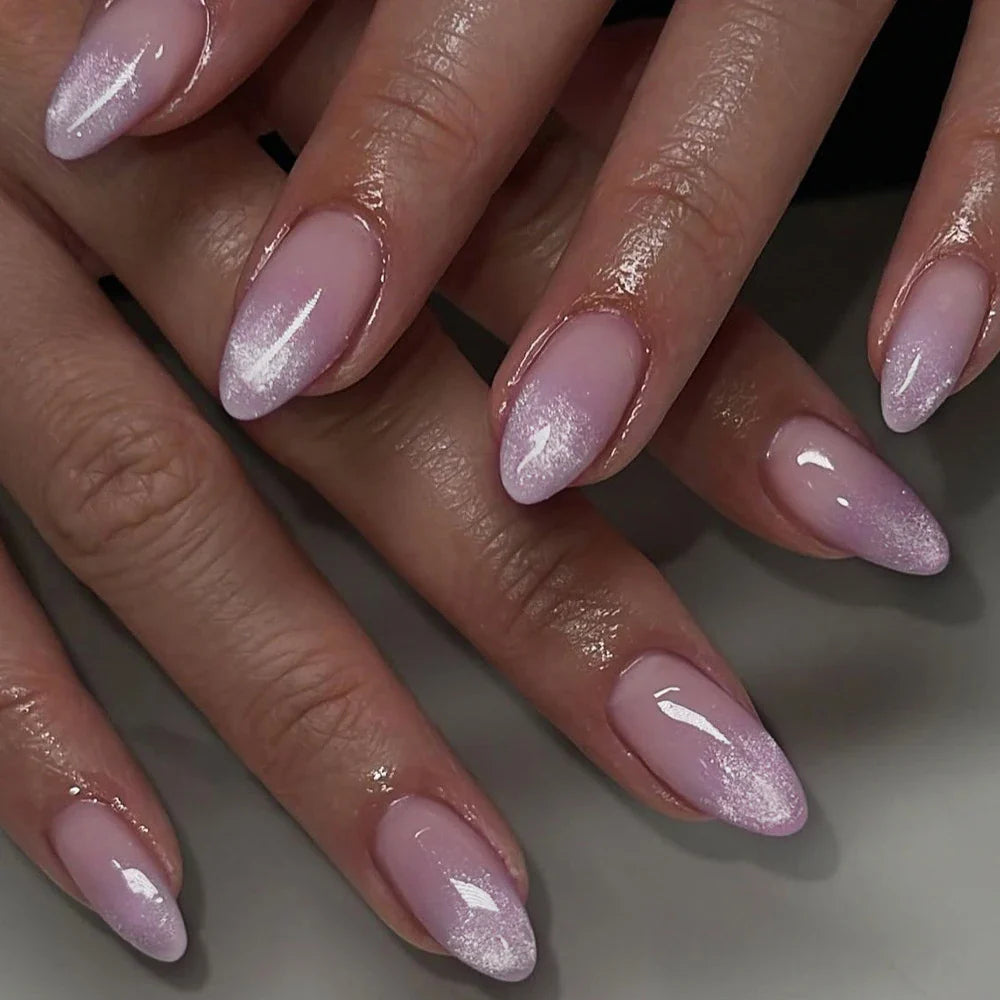 24Pcs Mid-length Almond Ballet False Nails Simple Cat Eye Design Press on Fake Nail Wearable Full Cover Nail Tips Manicure Tools