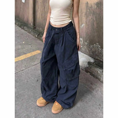 Washed Cotton Cargo Pants Loose Wide Leg Street Dance Long Trousers Multi Pocket Workwear High Waist Casual Pants