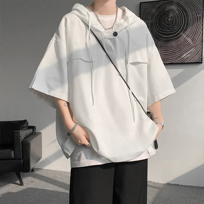 5 Colors Hooded T shirt Korean Half Sleeve Pullover Streetwear Loose T-shirt Tops Drawstring Clothing