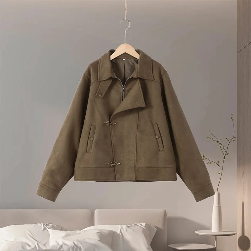 Elegant Metal Button Gender's Coat Slim Lapel Asymmetry Full Sleeves Couple Short Coat Chic Streetwear