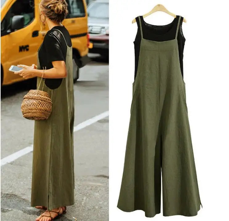 Straps Jumpsuit Solid Color Wide Leg Pants Dungaree Bib Overalls Casual Loose Sleeveless Cotton Linen Jumpsuits 5Xl