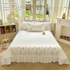 Quilt Bedding Set,white Lightweight Soft Bedspread, embroidery tulip Coverlet Sets,3 Piece(1 Quilt,2 Pillow Shams