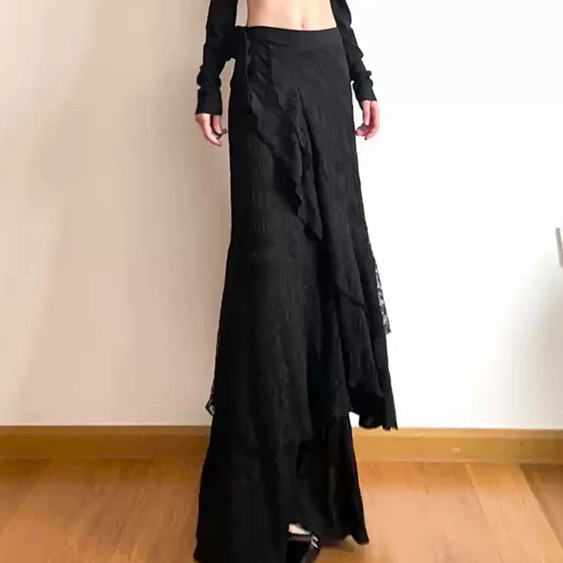 Y2K Black Long Skirt Harajuku Gothic Lace Asymmetrical Maxi Skirts Korean Ruffles Patchwork Bandage Design Faldas