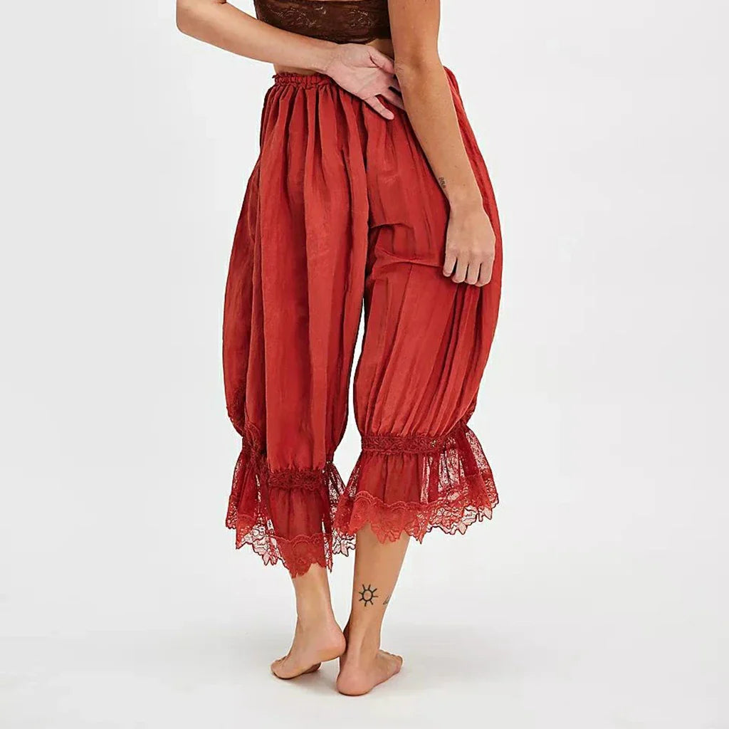 Combhasaki Y2K Loose Fit Bloomers Cropped Pants Drawstring High Waist Floral Lace Patchwork Calf-Length Lantern Trousers