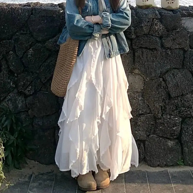 Deeptown Sweet Elegant White Long Skirt Fairycore Korean Style Lace Ruffle Skirt Asymmetrical Retro Street Layered Skirts
