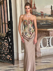 Printed Lace Up Vest Skirts Sets Chic Sleeveless Pleated Fitted Waist Skirt Suits Party Club Prom Evening Gowns