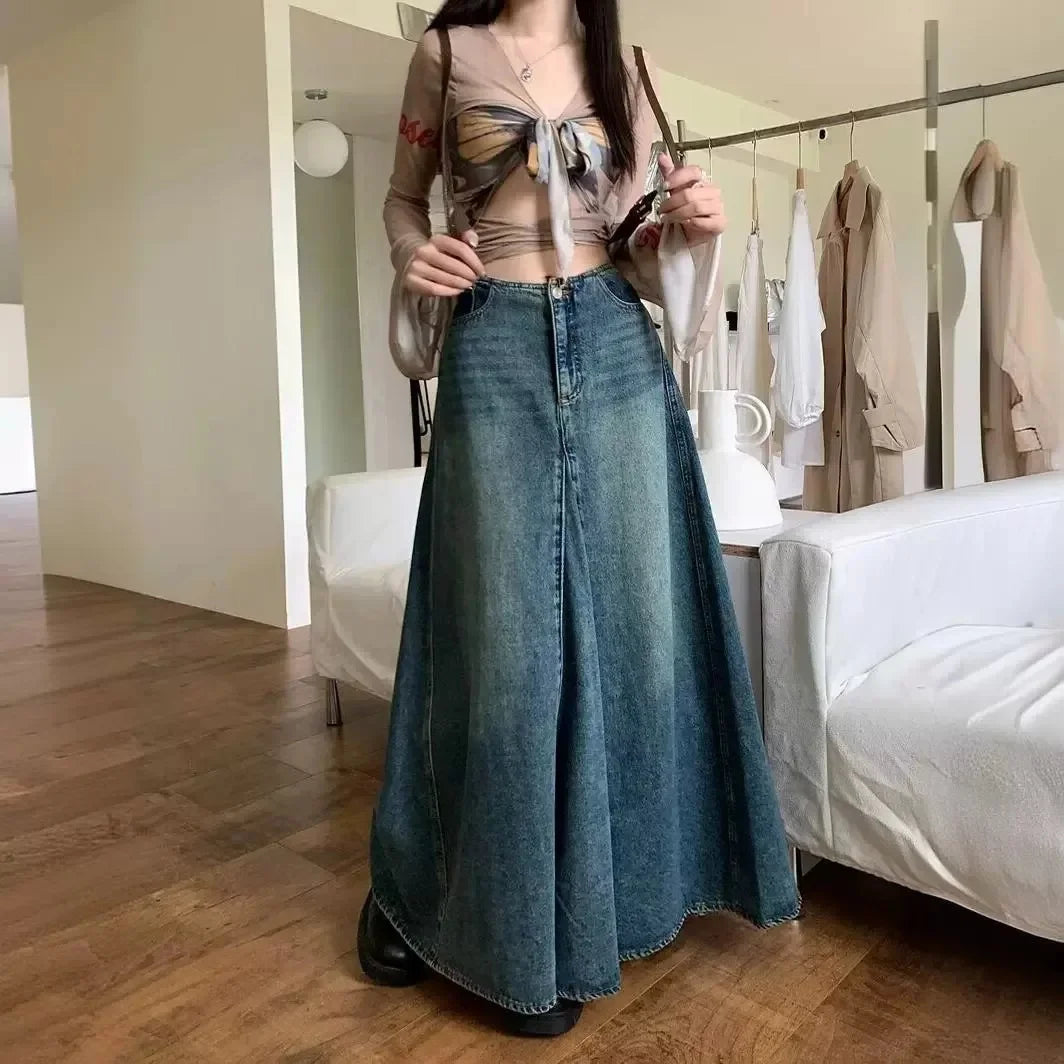 Sweet Cool Retro Distressed Denim High Waist A- Line Long Skirt Wrap Body Skirt Cotton Pure Color