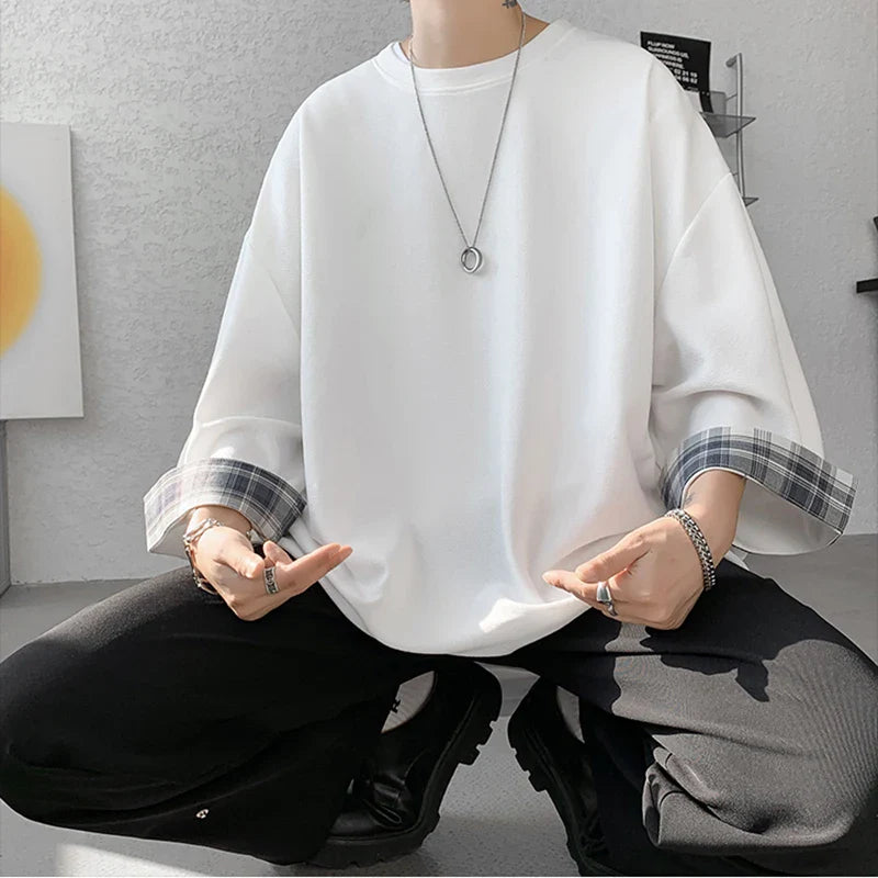t shirts T-shirts Oversized 2XL Korean Style Loose Plaid T-shirt Casual Seven sleeves T-Shirt Male White