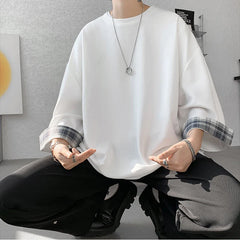 t shirts T-shirts Oversized 2XL Korean Style Loose Plaid T-shirt Casual Seven sleeves T-Shirt Male White