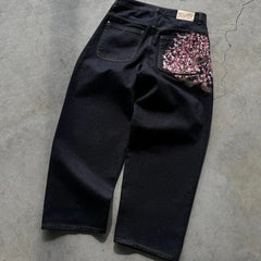 Baggy Jeans Plum Blossom Embroidery Y2K Harajuku Vintage Wide Leg Pants Denim Fabric Street Wear