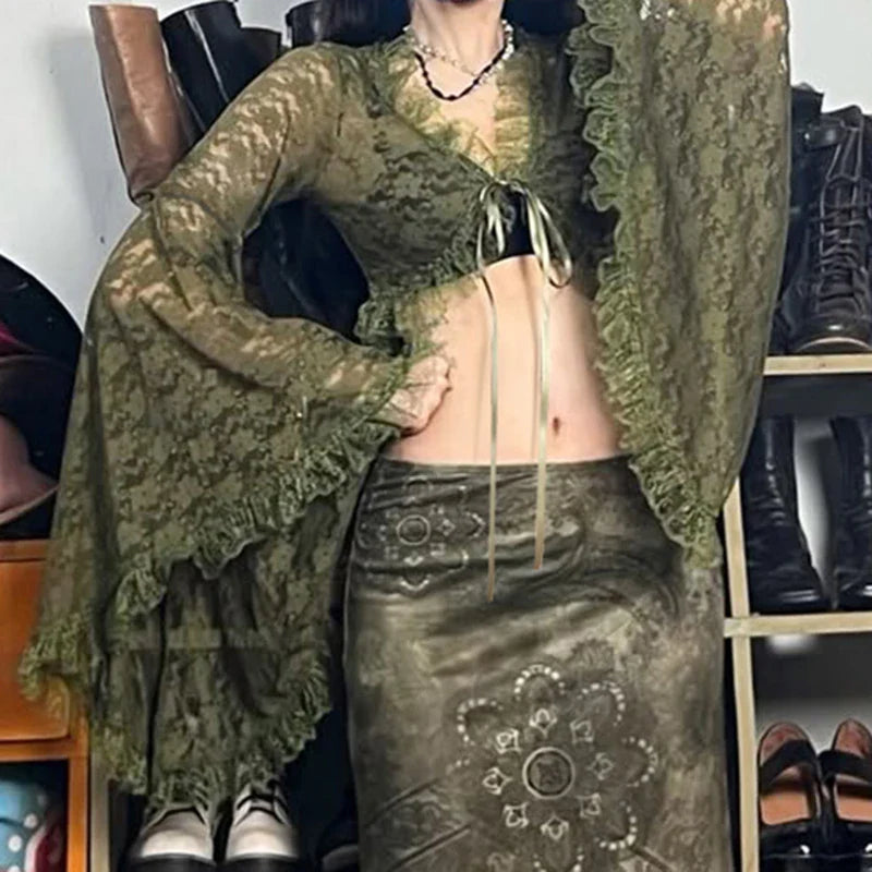 Green Y2K Mori Girl Flared Sleeve Cardigan