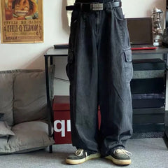 Baggy Jeans Oversize Cargo Korean Black Wide Pants Streetwear Hip Hop Harajuku Male Straight Denim Pants