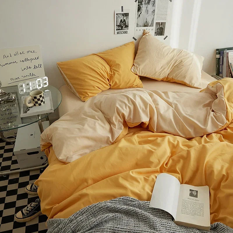 Solid Color Double Washed Cotton Bedding 4 Pieces Set Student Dormitory Bed Linen Duvet Set Bed Suit