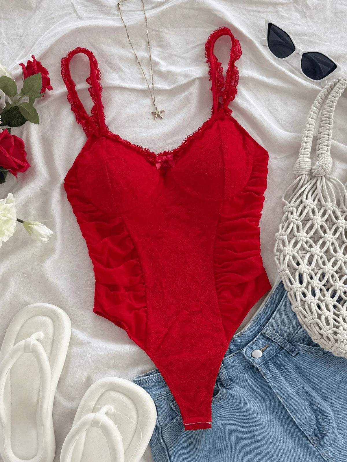 Spring/knitted fabric Romantic lace wooden ear edge casual holiday retro onesie
