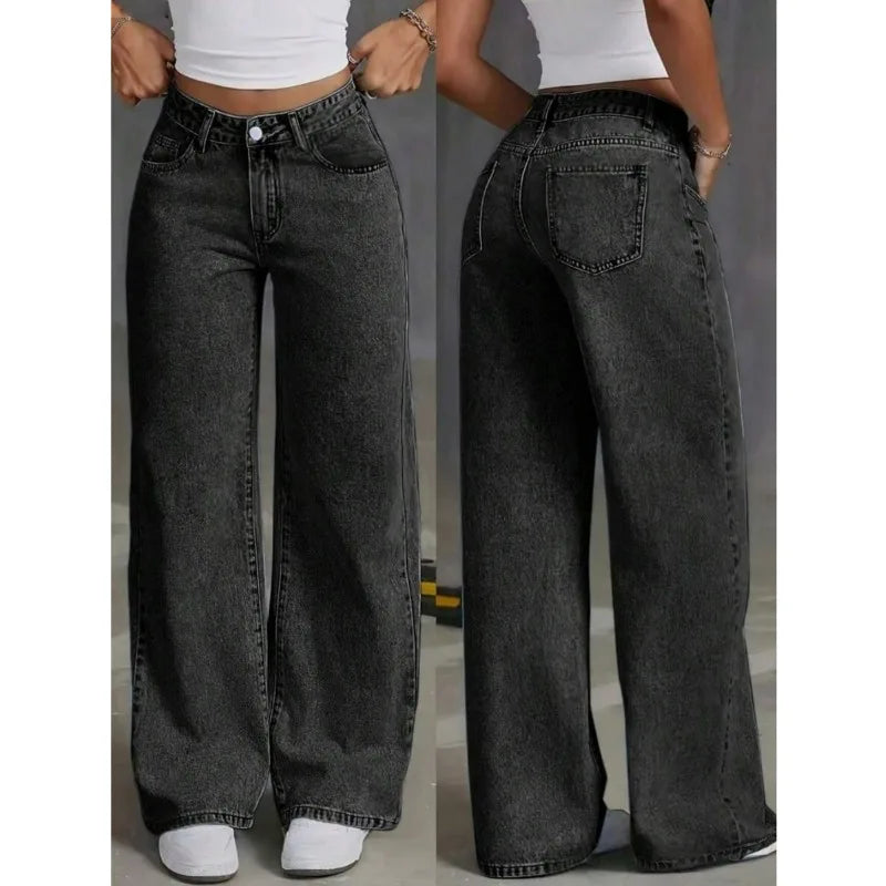 Classic Wide Leg Stretch Jeans with Button Soft Comfortable Vintage Wash Stylish Jeans High Street Pants