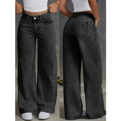 Classic Wide Leg Stretch Jeans with Button Soft Comfortable Vintage Wash Stylish Jeans High Street Pants