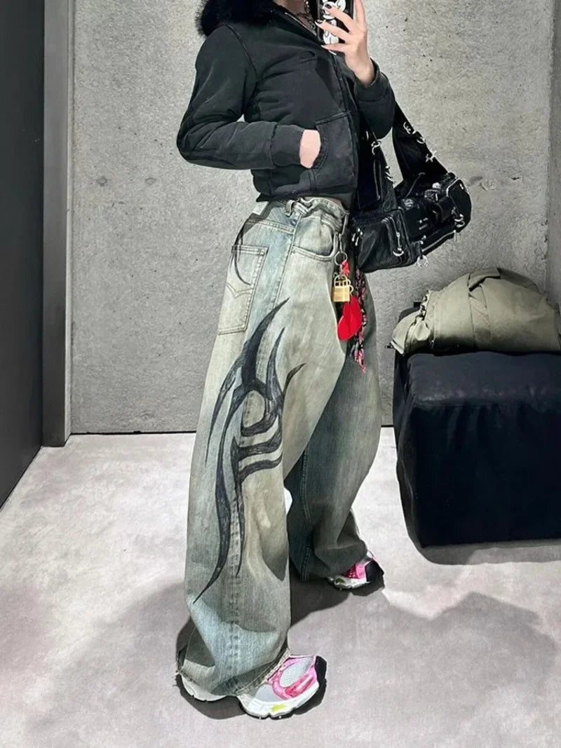 American Gothic Print Blue Wash Jeans Y2K Retro Hip Hop Loose Casual Street High Waist Straight Jeans
