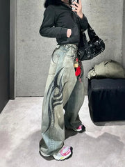 American Gothic Print Blue Wash Jeans Y2K Retro Hip Hop Loose Casual Street High Waist Straight Jeans