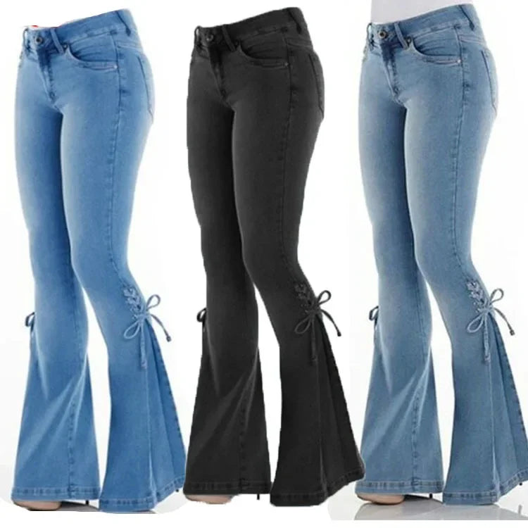 Full Length Flare Pants Jean Washed Denim Pants Zipper Fly Loose Fit Pockets High Waist Basics Lace Up Vintage Solid