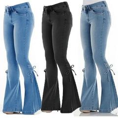 Full Length Flare Pants Jean Washed Denim Pants Zipper Fly Loose Fit Pockets High Waist Basics Lace Up Vintage Solid