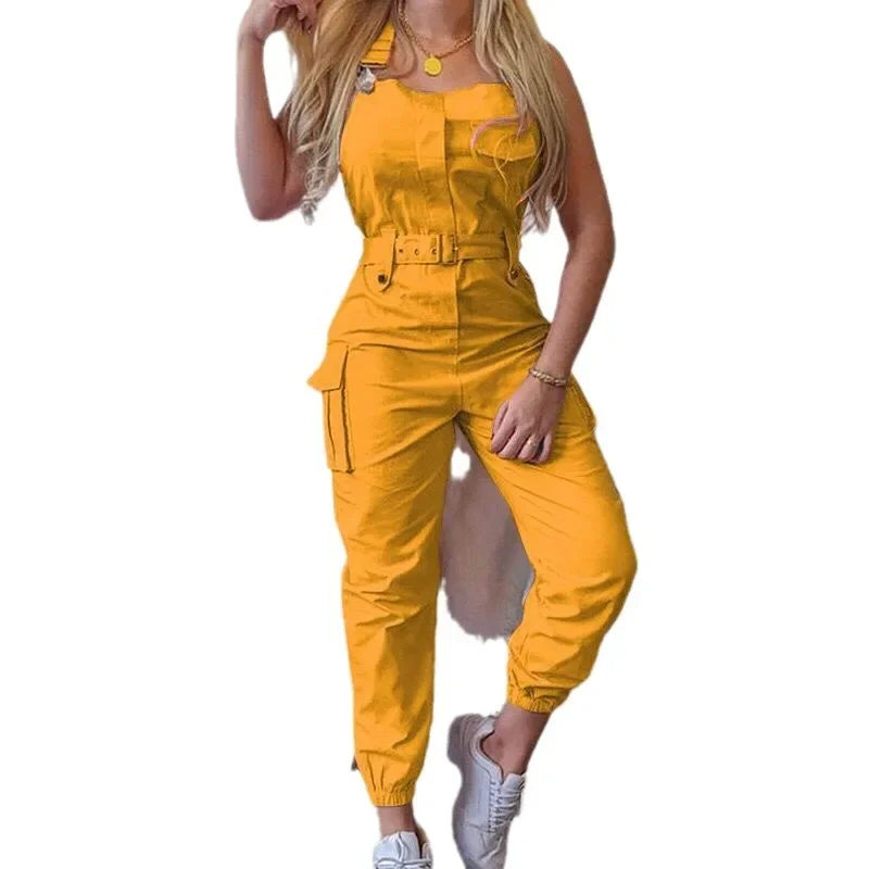 Wish Utility Jumpsuit Beltless Sleeveless Simple Tied Pants Working Uniform Cross-border Style from HongKong