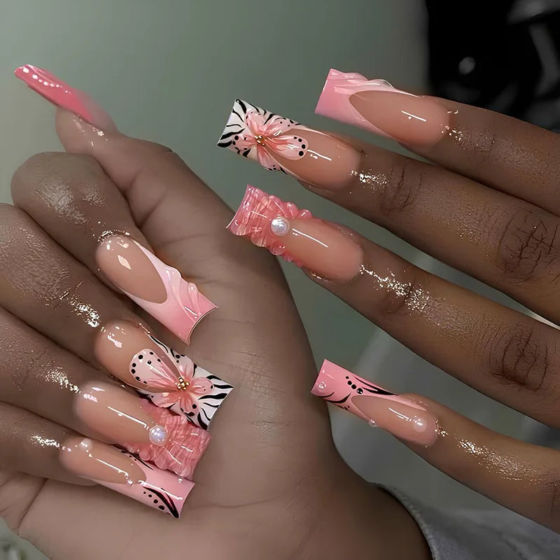24pcs Fresh Long Coffin Fake Nails Yellow French Style Flower Printed Metal Butterfly Designs Press On Nails False Nail