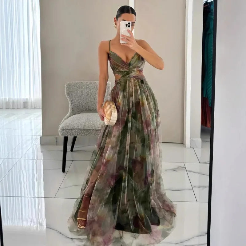 Elegant Print Pleated Mesh Evening Dress Off Shoulder Ins Vacation Long Dress V Neck High Waist Backless Sling Dress