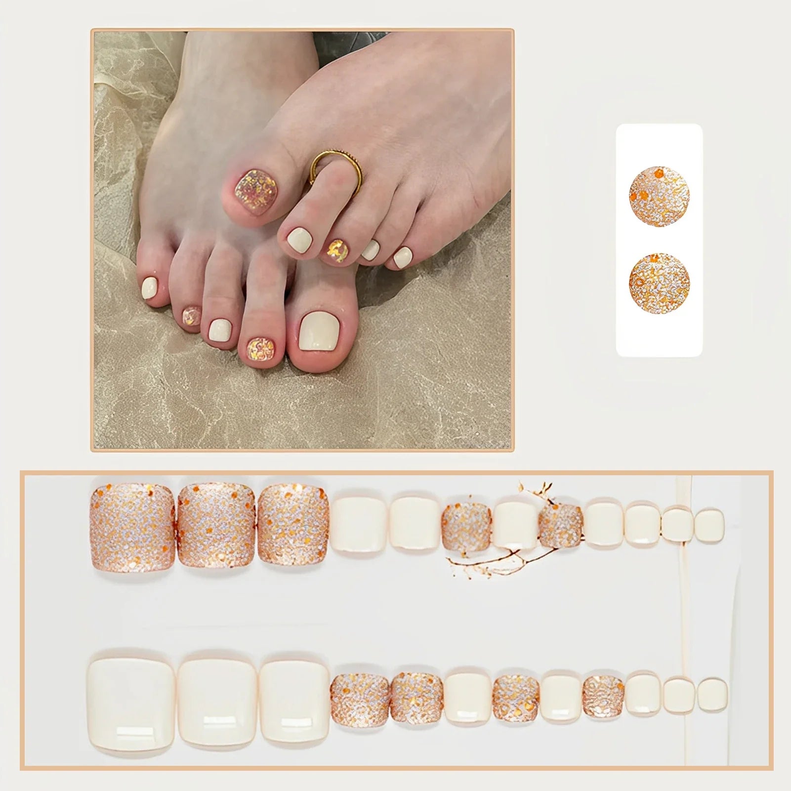 24Pcs Fake Toenails White Short Square Press On Toe Nails Glossy Sequins Designs Girls Acrylic False Nails Art
