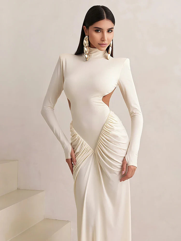 Weird Puss Backless Maxi Dress Shoulder Pads Long Sleeve Waistless Peach Buttocks Ruched Elegant Banquet Skinny Vestidos