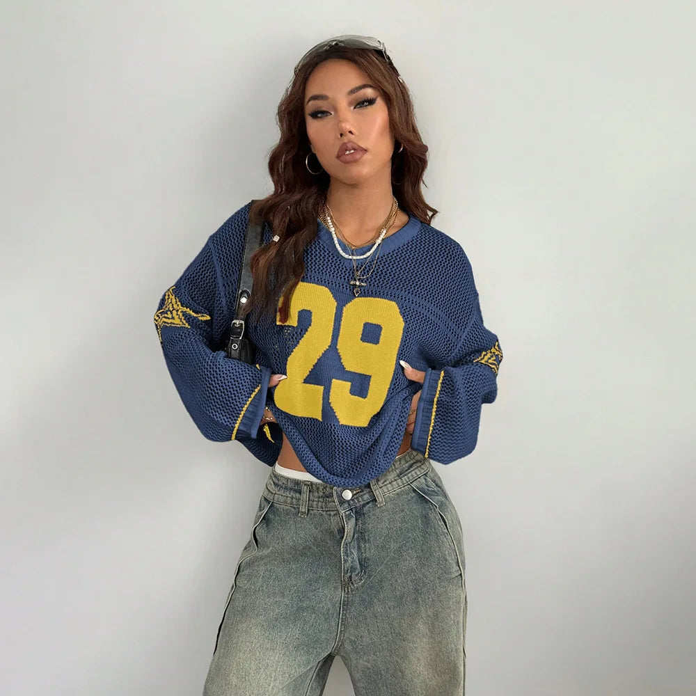 Y2K Style Sports Jersey Knitted Topsable Digital Printed Round Neck Long Sleeve Jumper Street Trend