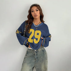 Y2K Style Sports Jersey Knitted Topsable Digital Printed Round Neck Long Sleeve Jumper Street Trend