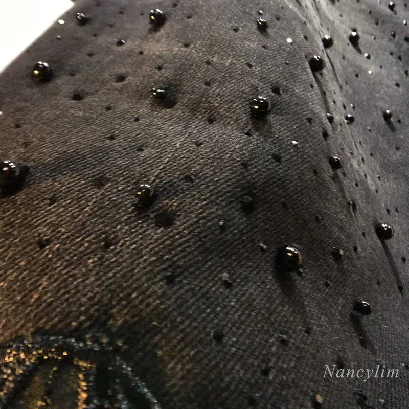 European Hollow Lace Jeans Black Lace Denim Pants Heavy Industry Beads Diamond Denim Splicing Crochet