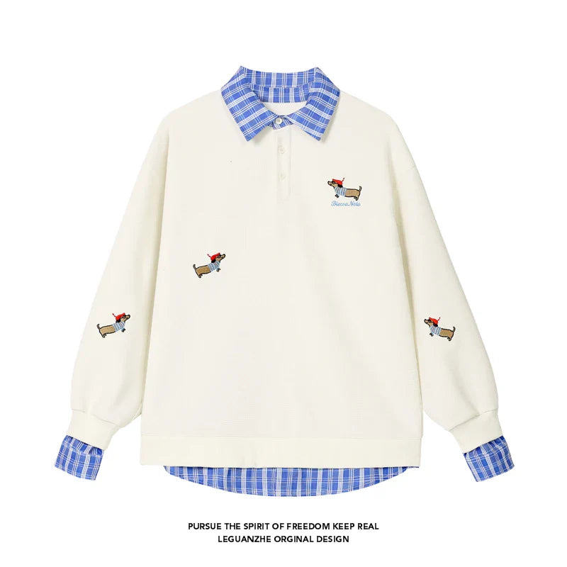 Plaid Patchwork Fake Two Sweatshirt College Style Puppy Embroidery POLO Collar Sweatshirt Loose Pullover Tops