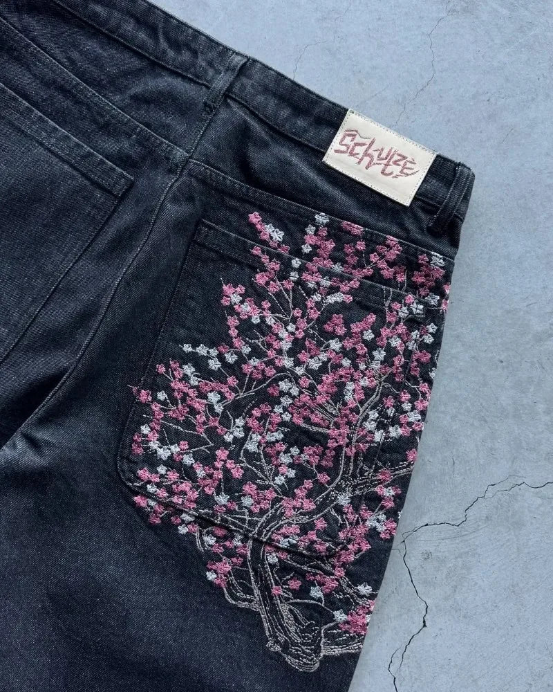 Harajuku Hip Hop baggy jeans Y2K goth plum blossom Embroidered jeans man American style street wear