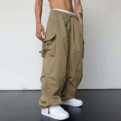 Casual Cargo Pants Streetwear Classic Man Straight Wide-leg Pants Drawstring Workwear Trendy Loose Cargo Trousers