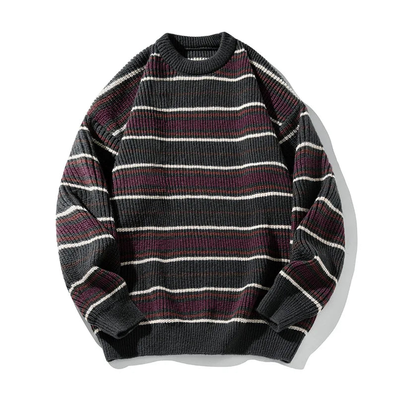 Vintage Striped Casual Trendy Loose O-neck Long Sleeve Knitted Sweaters Male Pullovers Tops