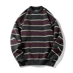 Vintage Striped Casual Trendy Loose O-neck Long Sleeve Knitted Sweaters Male Pullovers Tops