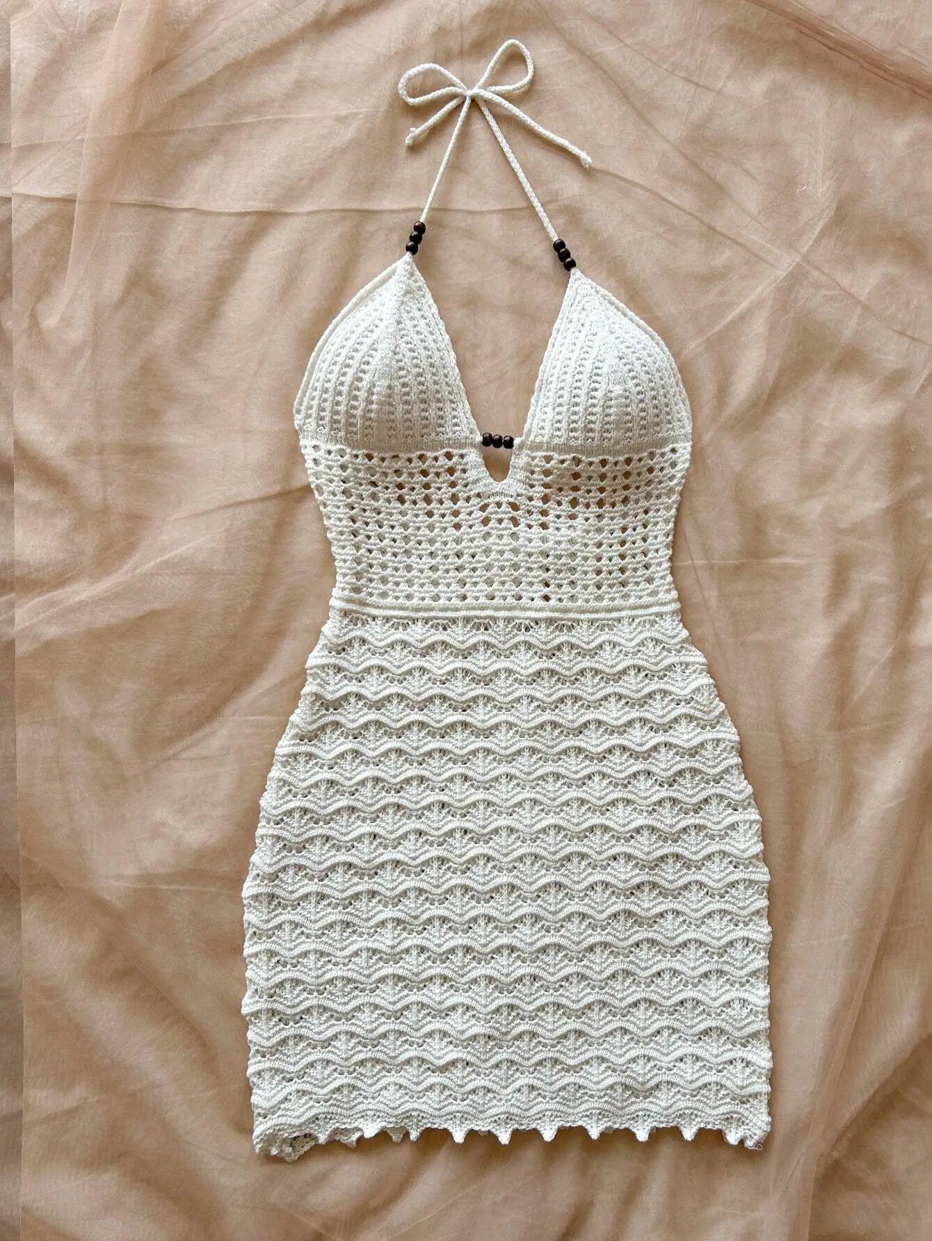 Soleia V-Neck Hollow-Out Wooden Beads Fitted Dress, Vacation Spaghetti Strap Backless Ombre Knitted Dress, Suitable