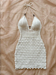 Soleia V-Neck Hollow-Out Wooden Beads Fitted Dress, Vacation Spaghetti Strap Backless Ombre Knitted Dress, Suitable