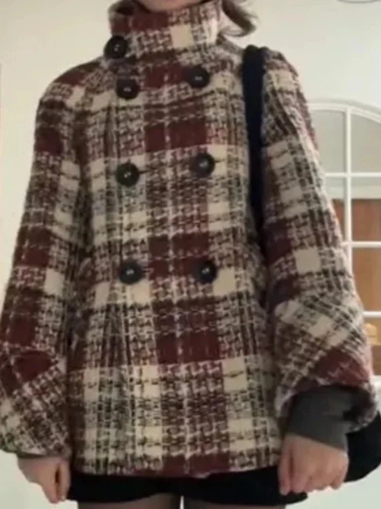 Warm Checkered Turtleneck Shoulder Straight Coat Double Breasted Full Sleeve Middle Long Coat Lady Chic Coat