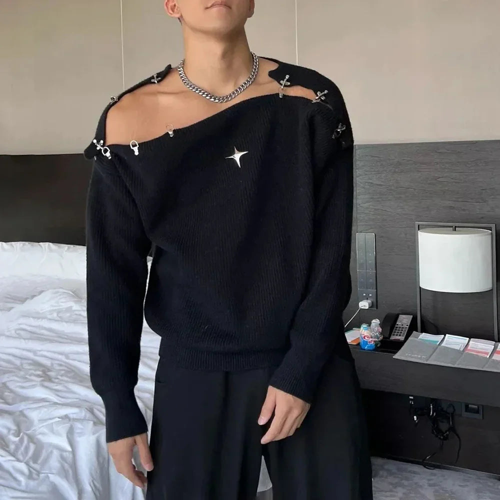 Mens Sweater Buckle Off-Shoulder Sweater Streetwear Youth Campus Versatile Long-Sleeved Top Clothing New